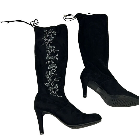 RIALTO Women’s Black Suede ADJUSTABLE OVER THE KNEE Boot Embroider Floral Sz 7.5 - Picture 1 of 9